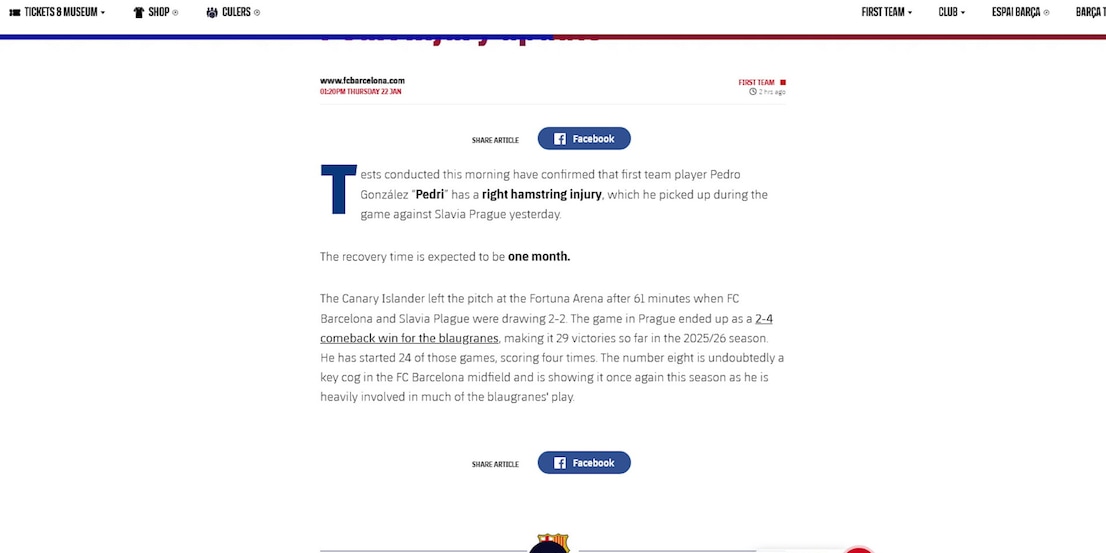 Barca, infortunio per Pedri: out 1 mese