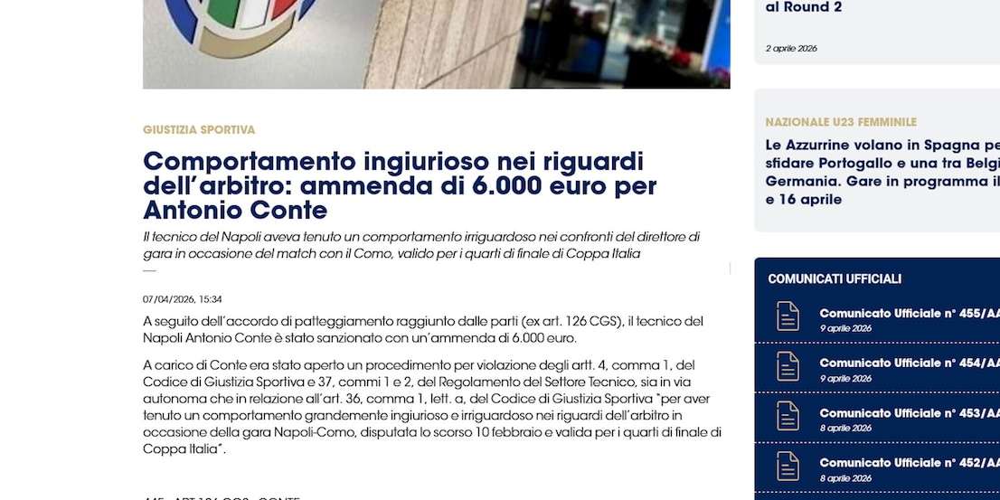 Napoli-Como, comportamento ingiurioso nei riguardi dell’arbitro: ammenda di 6.000 euro per Antonio Conte