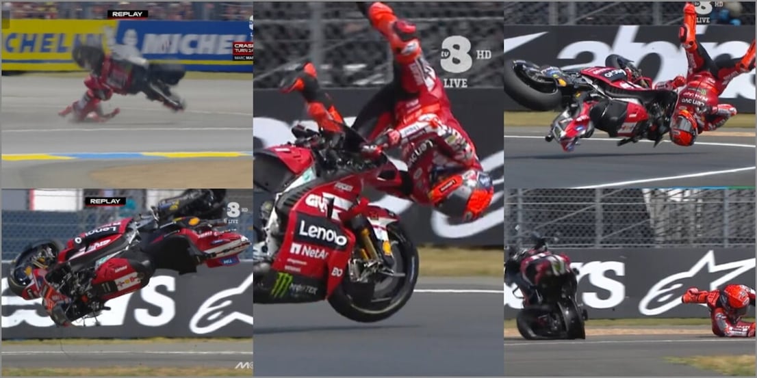 Marquez, che volo a Le Mans! Caduta spaventosa e moto demolita: le condizioni