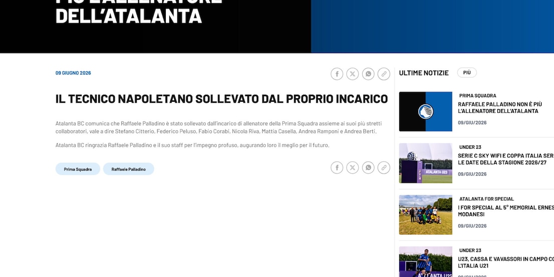 Ufficiale, Atalanta: Palladino non è più l'allenatore Ufficiale, Atalanta: Palladino non è più l'allenatore