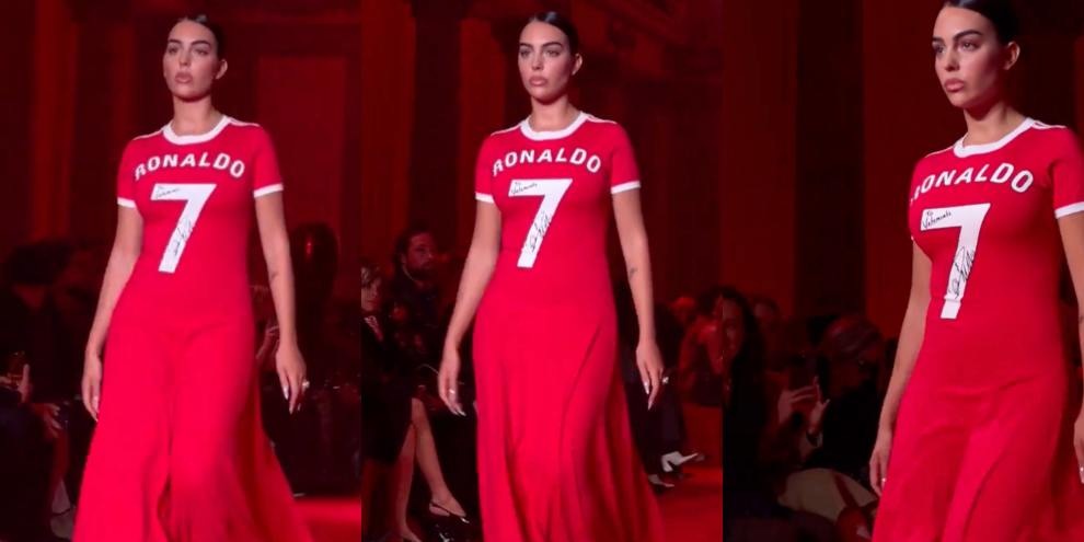 Georgina Rodriguez sfila a Parigi con un abito ispirato a Cristiano Ronaldo