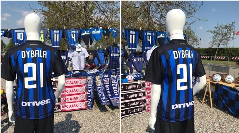 Fuori da Appiano Gentile Dybala nerazzurro e la sciarpa di Juve-Ajax