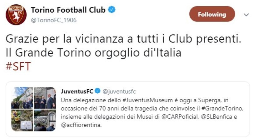 Omaggio al Grande Torino: i granata ringraziano la Juventus