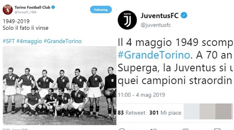 Sui social si celebra il Grande Torino: c'è anche il tweet della Juve