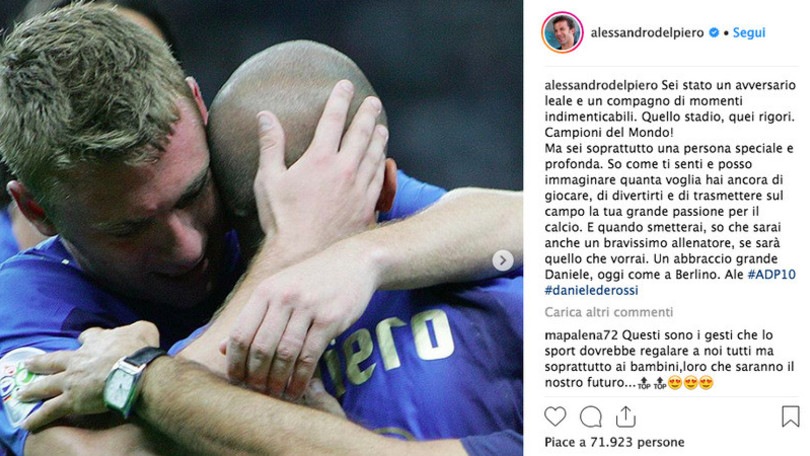 Del Piero saluta De Rossi: «So come ti senti»