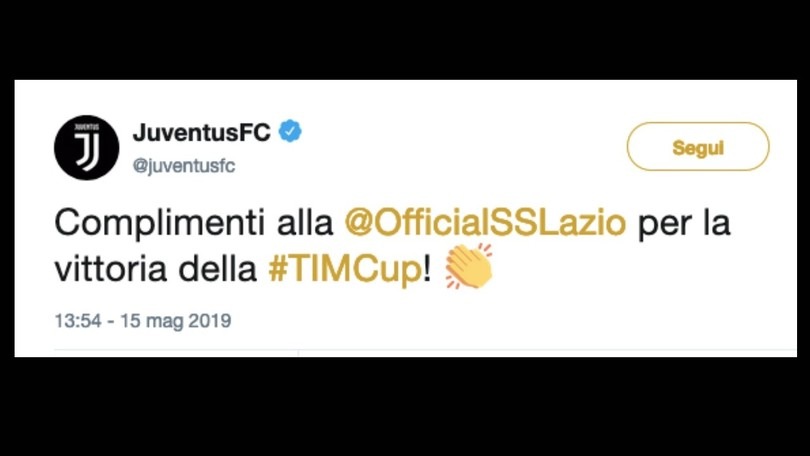 Coppa Italia, la Juventus si congratula: «Complimenti alla Lazio»