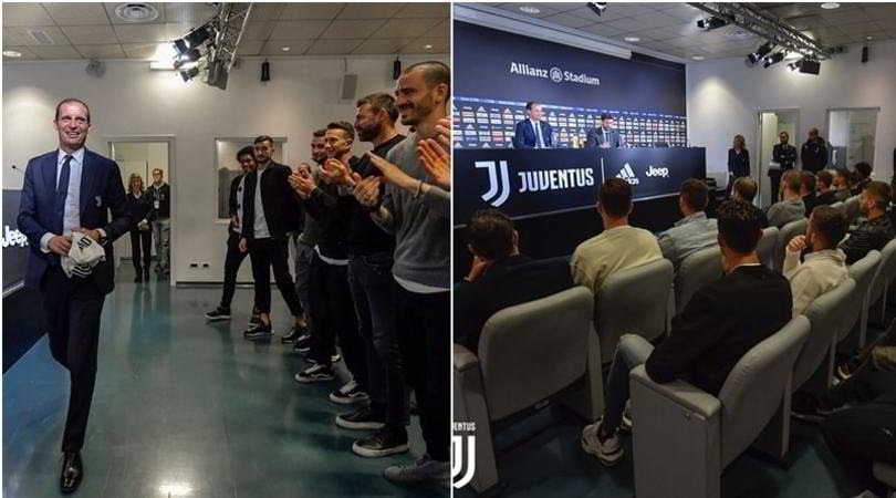 I giocatori della Juve alla conferenza di Allegri: sorrisi e applausi