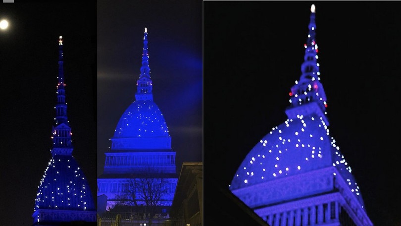 Torino, che spettacolo la Mole che si tinge di blu