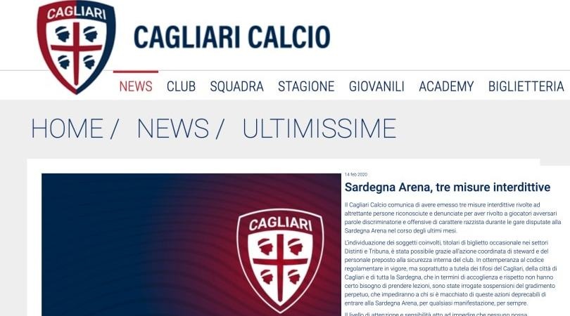 Fuori i razzisti dallo stadio, onore al Cagliari