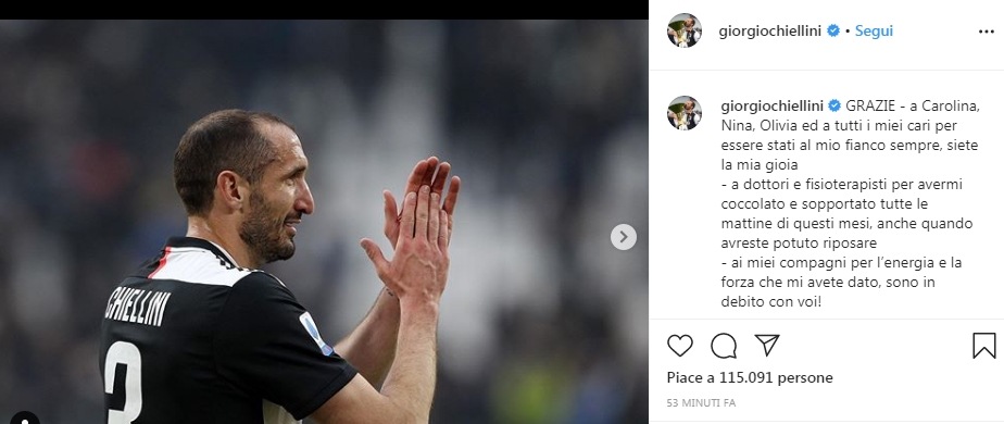 Juve, le reazioni social dei giocatori. Chiellini: "Ora devo ricambiare ciò che ho ricevuto"