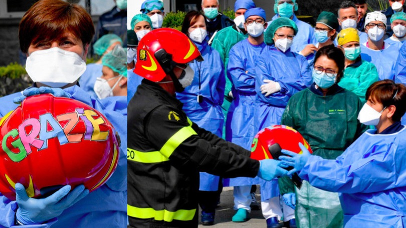 Napoli, omaggio dei vigili del fuoco a medici e infermieri: "Grazie"