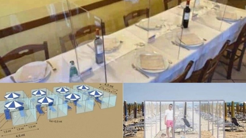 Plexiglass al mare e al ristorante: le foto sui social fanno rabbrividire