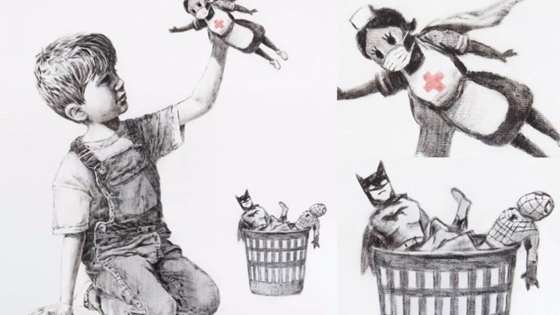 Coronavirus, l’omaggio di Banksy: medici e infermieri come supereroi