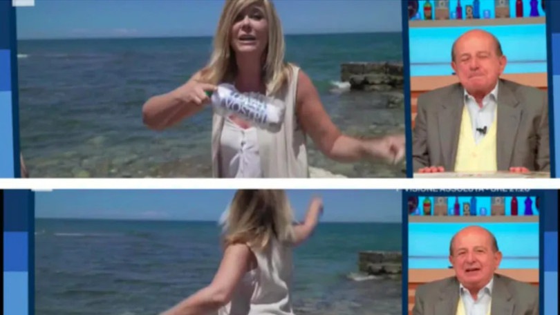 Bufera su Magalli, l'inviata de I Fatti Vostri lancia una bottiglia di plastica in mare