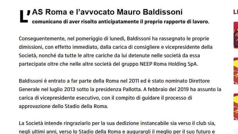 Roma, Baldissoni lascia il club con effetto immediato