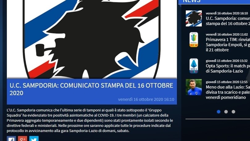 Coronavirus, alla Sampdoria tre positivi nel gruppo squadra