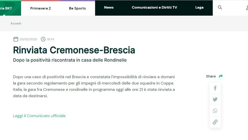 Ufficiale: rinviata a data da destinarsi Cremonese-Brescia