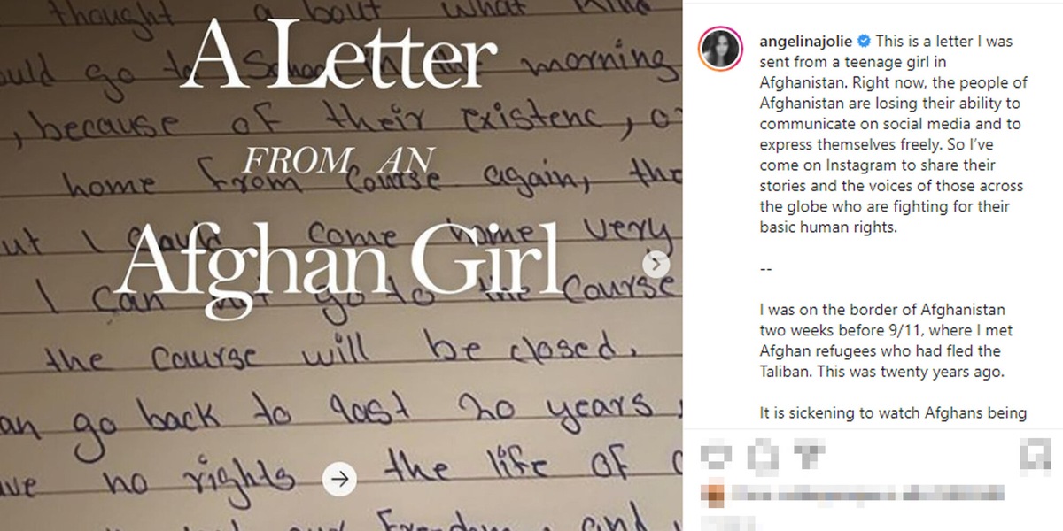 Angelina Jolie, su Instagram la lettera di una donna afghana