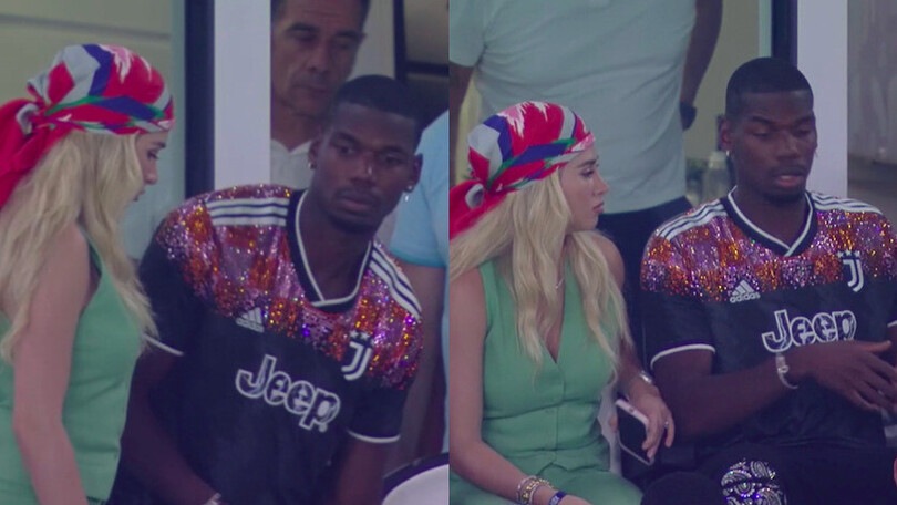 Pogba, maglia speciale della Juve in tribuna con la moglie