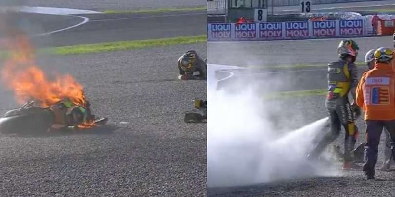 MotoGp, Bezzecchi cade in curva 7 e la Ducati prende fuoco