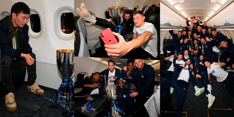 Inter, il rientro a Milano e i festeggiamenti sull'aereo con la Supercoppa