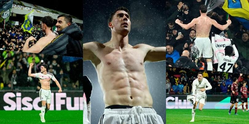Vlahovic, esultanza sfrenata sotto la curva Juve e Nonge mostra la maglia