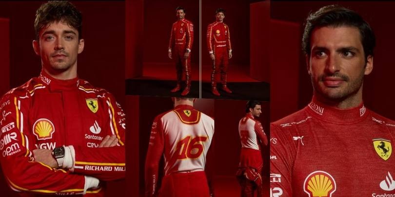 Leclerc e Sainz, la Ferrari presenta le nuove tute: c'è uno spoiler della SF-24