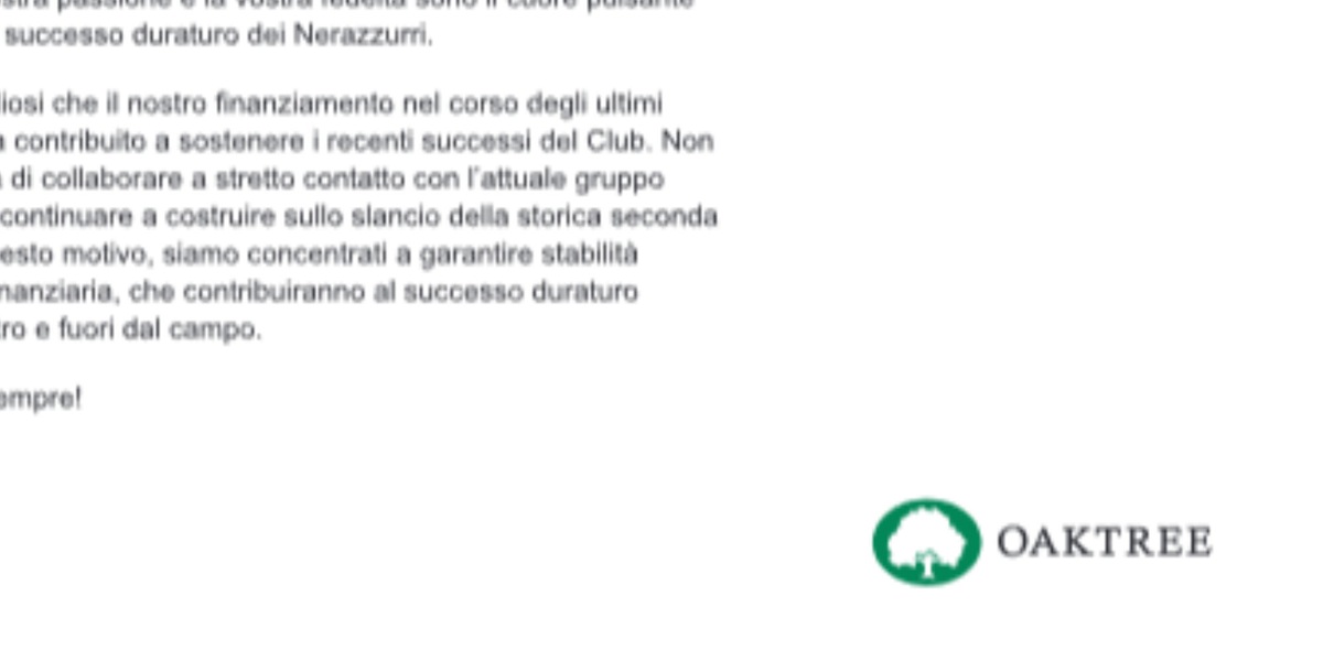 Oaktree, messaggio ai tifosi Inter: "Continueremo a costruire su questo slancio"