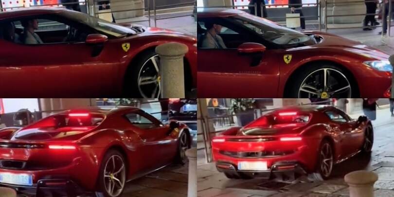Vlahovic in centro a Torino sfoggia la sua Ferrari 296 GTB
