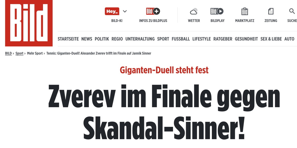 La Bild infanga Sinner: "Zverev numero uno, doping nascosto sotto il tappeto"