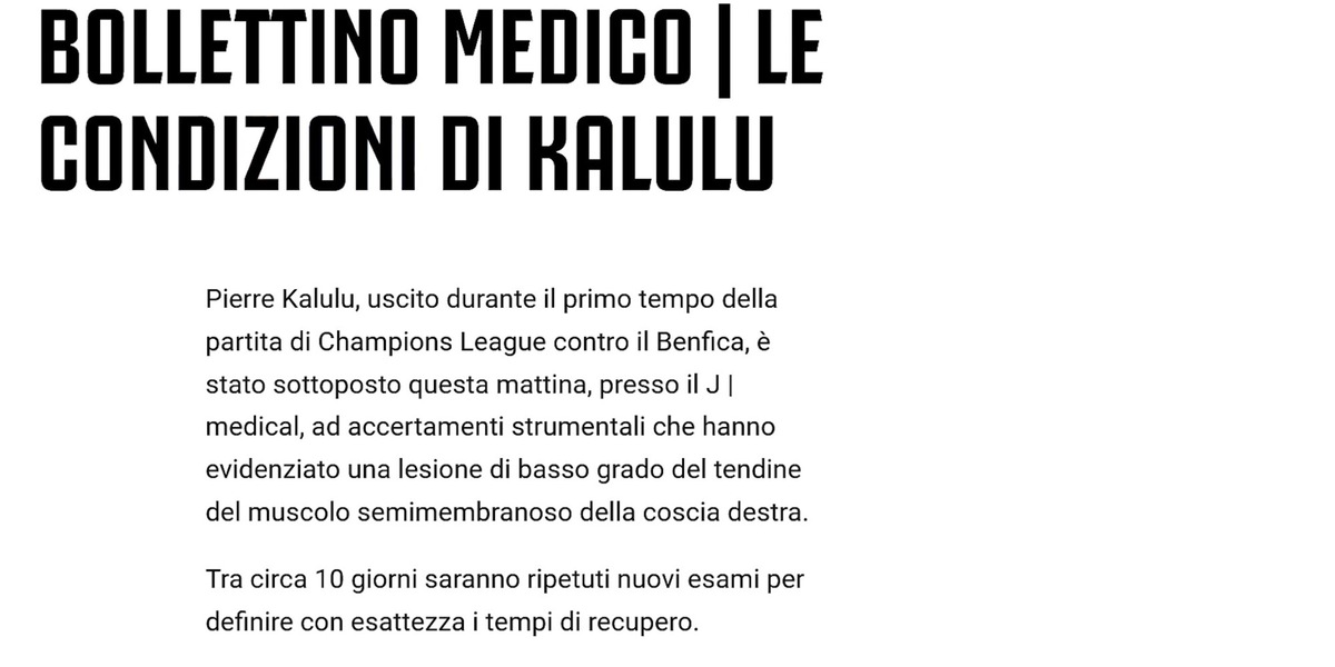 Juventus, stop Kalulu: out 20 giorni