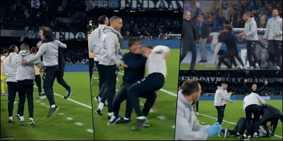 Conte non si tiene, abbraccio e caduta! L'esultanza al gol Napoli dice tutto