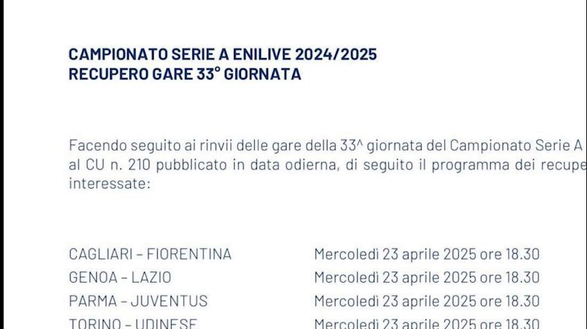 Serie A, gare rinviate per morte Papa Francesco: date e orari ufficiali