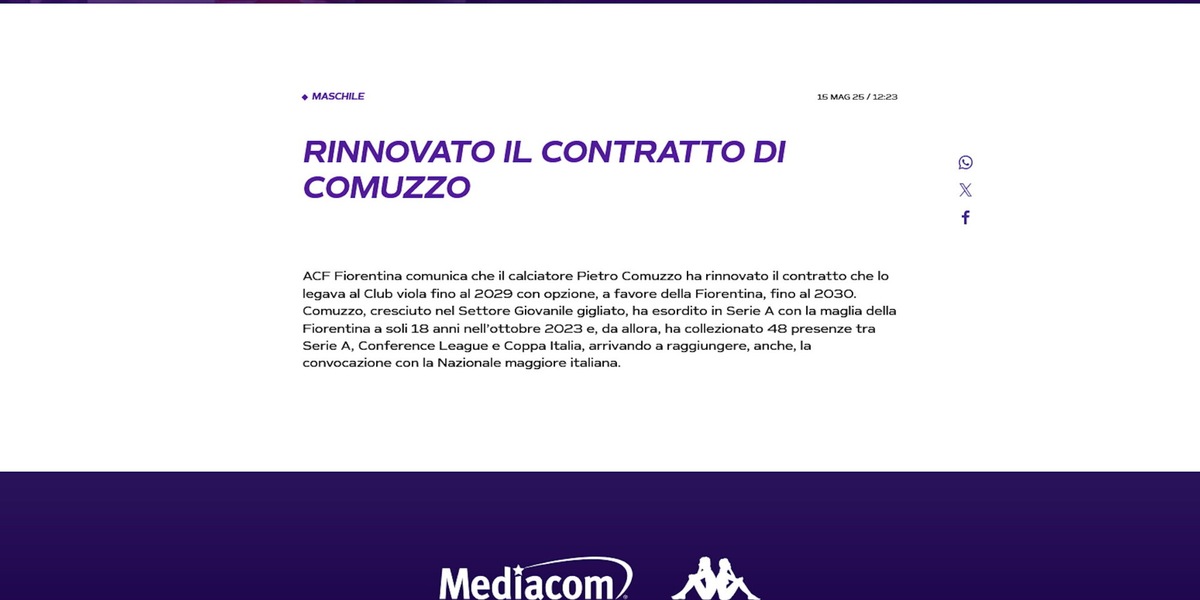 Fiorentina, rinnovato il contratto di Comuzzo fino al 2029