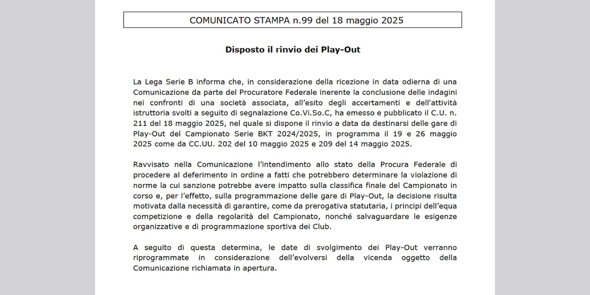 Clamoroso in Serie B: playout rinviati per possibile penalizzazione al Brescia