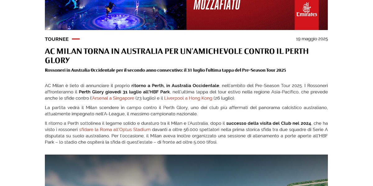 Ufficiale, il Milan torna in Australia per un'amichevole il 31 luglio contro il Perth Glory