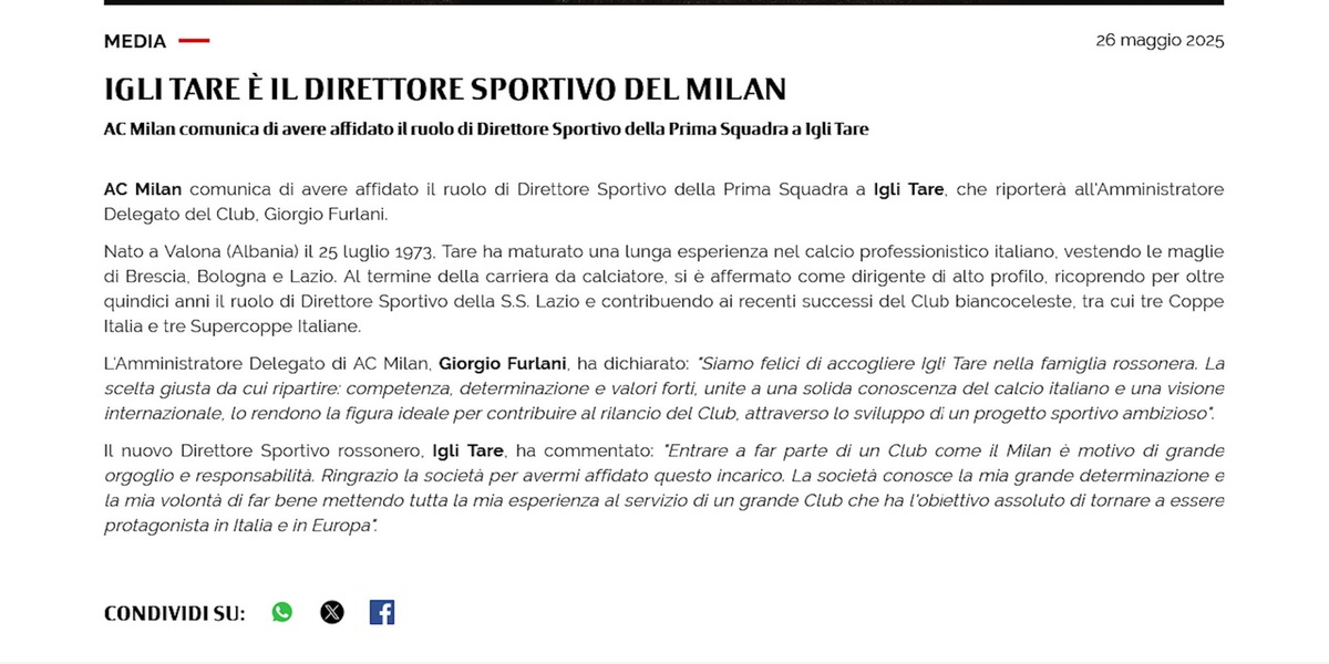 Ufficiale: Milan, Tare è il nuovo direttore sportivo
