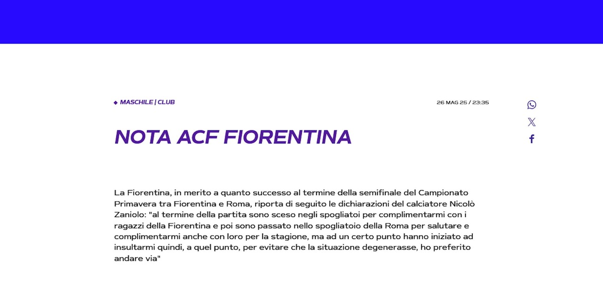 Fiorentina-Roma primavera, Zaniolo shock: “Aggrediti due tesserati Roma”, il comunicato e la replica