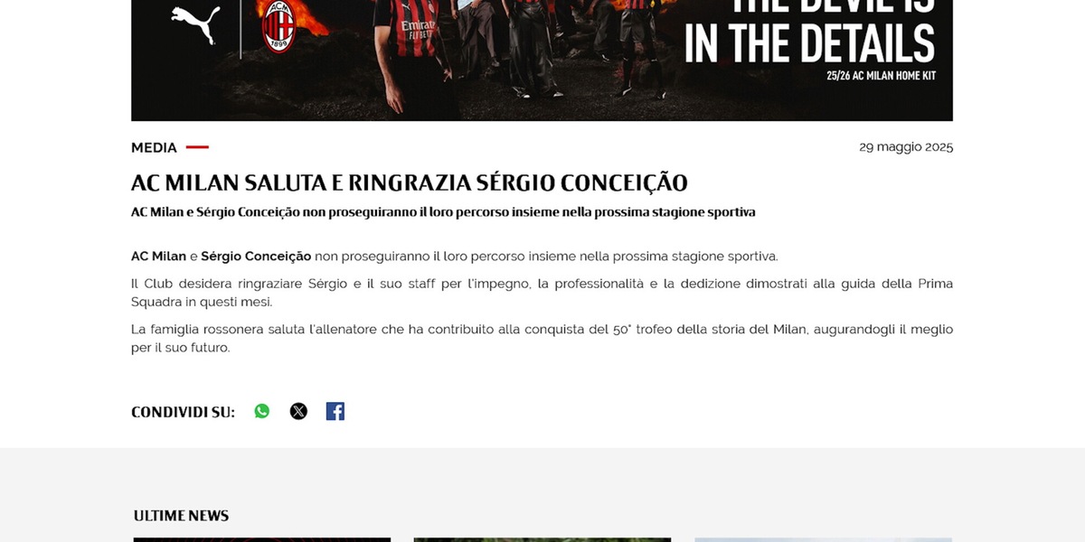 Milan-Conceicao: l'addio è ufficiale