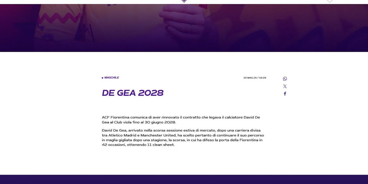 Fiorentina, ufficiale: De Gea firma fino al 2028