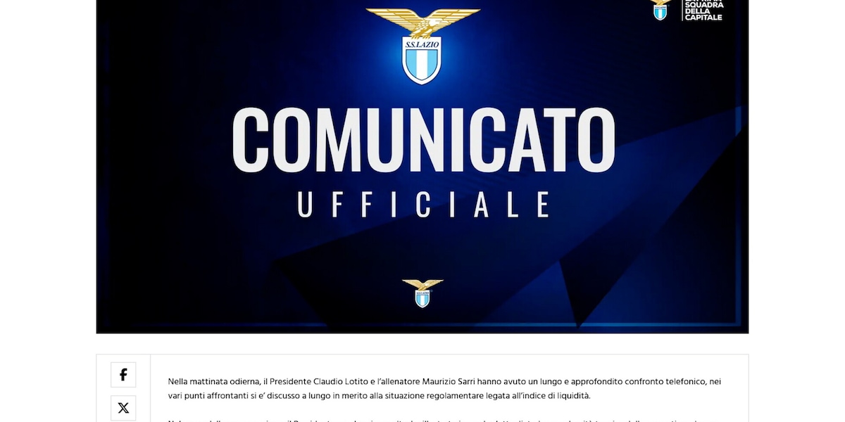 Lazio, comunicato ufficiale: "Piena disponibilità di Sarri a continuare dopo il confronto con Lotito"