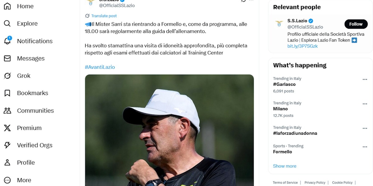 Lazio: esami approfonditi in ospedale per Sarri, ma stasera dirigerà l'allenamento