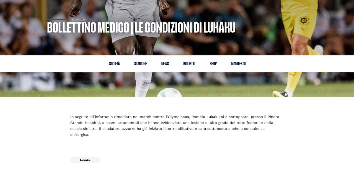 Napoli, lungo stop per Lukaku: lesione di alto grado del retto femorale della coscia sinistra