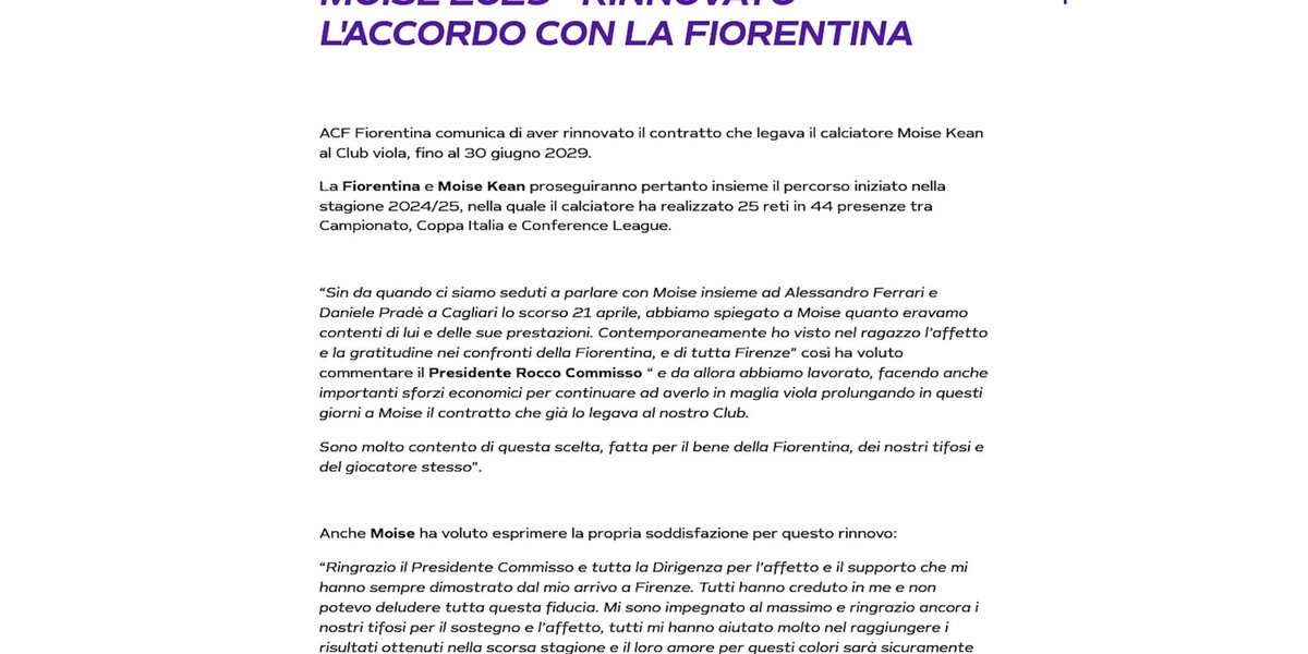 Fiorentina, Kean rinnova fino al 2029