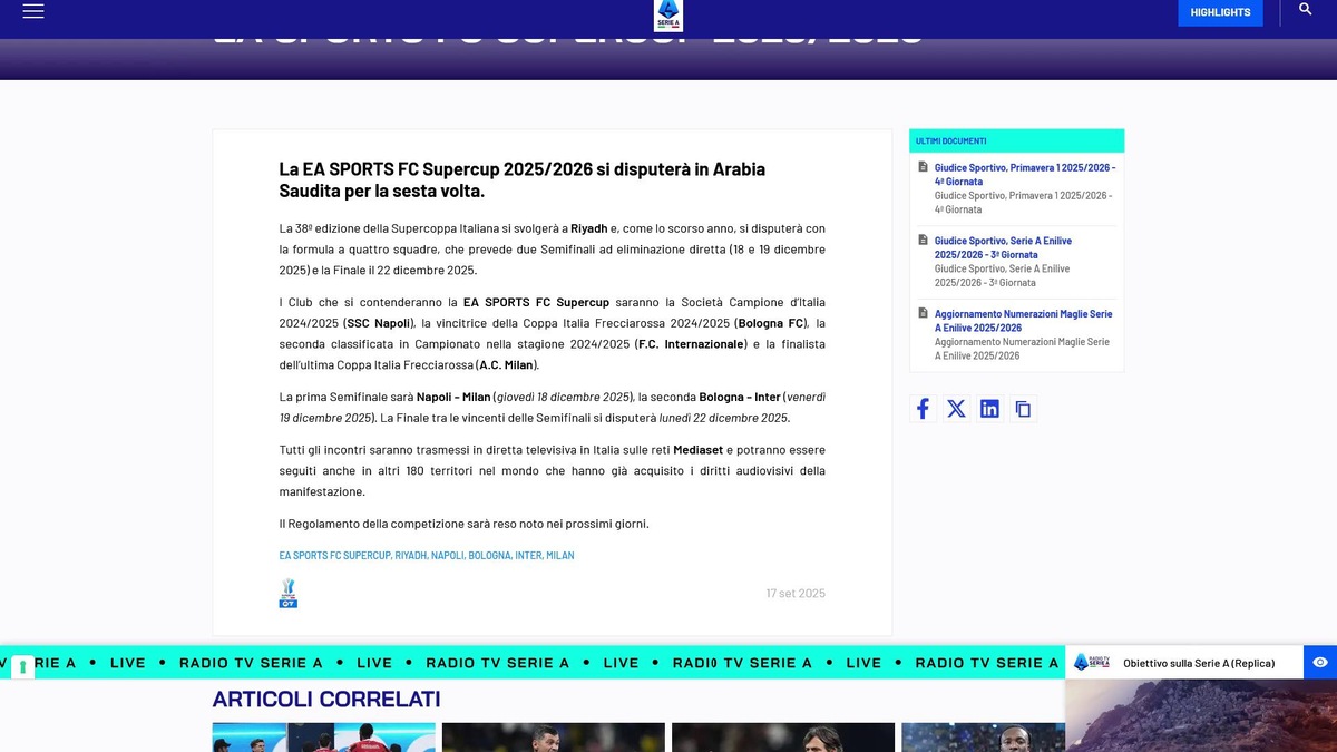 Ufficiale: la Supercoppa Italiana si giocherà a Riad nel mese di dicembre 2025
