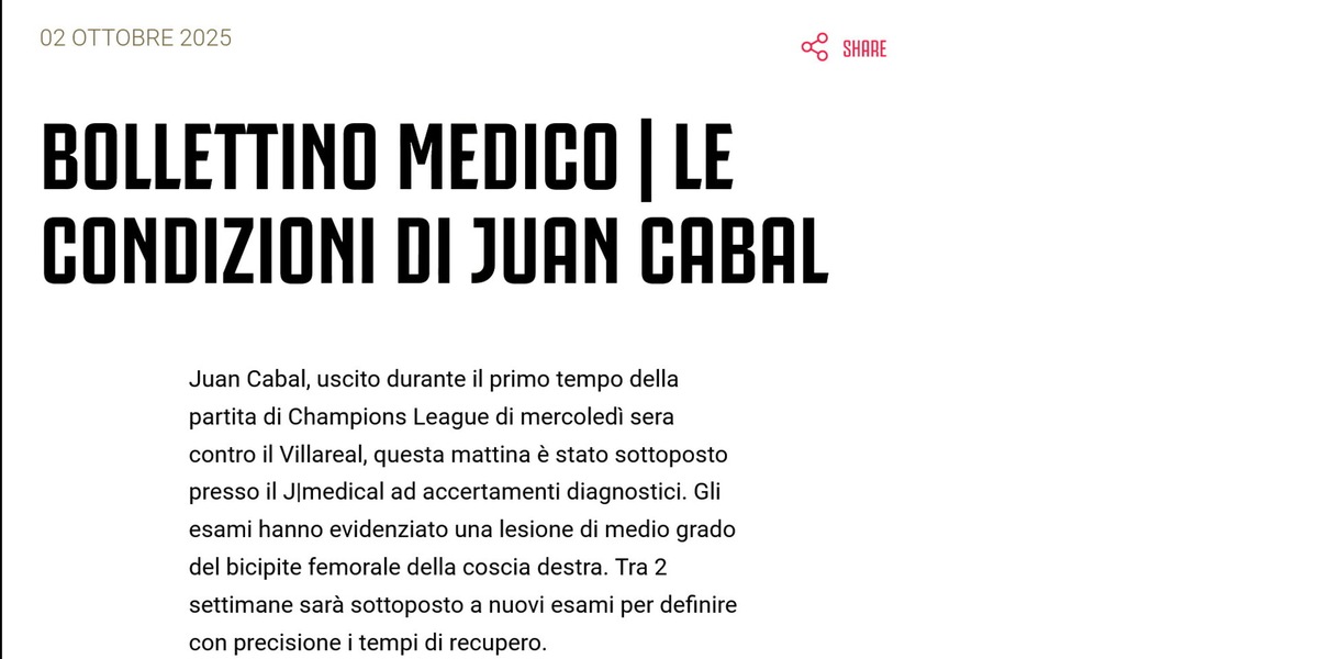 Juventus, Cabal si ferma: lesione al bicipite femorale