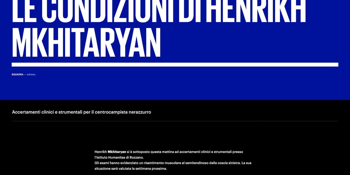 Inter, risentimento muscolare per Mkhitaryan: out circa 1 mese