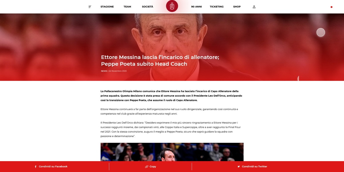 Basket, l'Olimpia Milano comunica le dimissioni di Ettore Messina: al suo posto Poeta