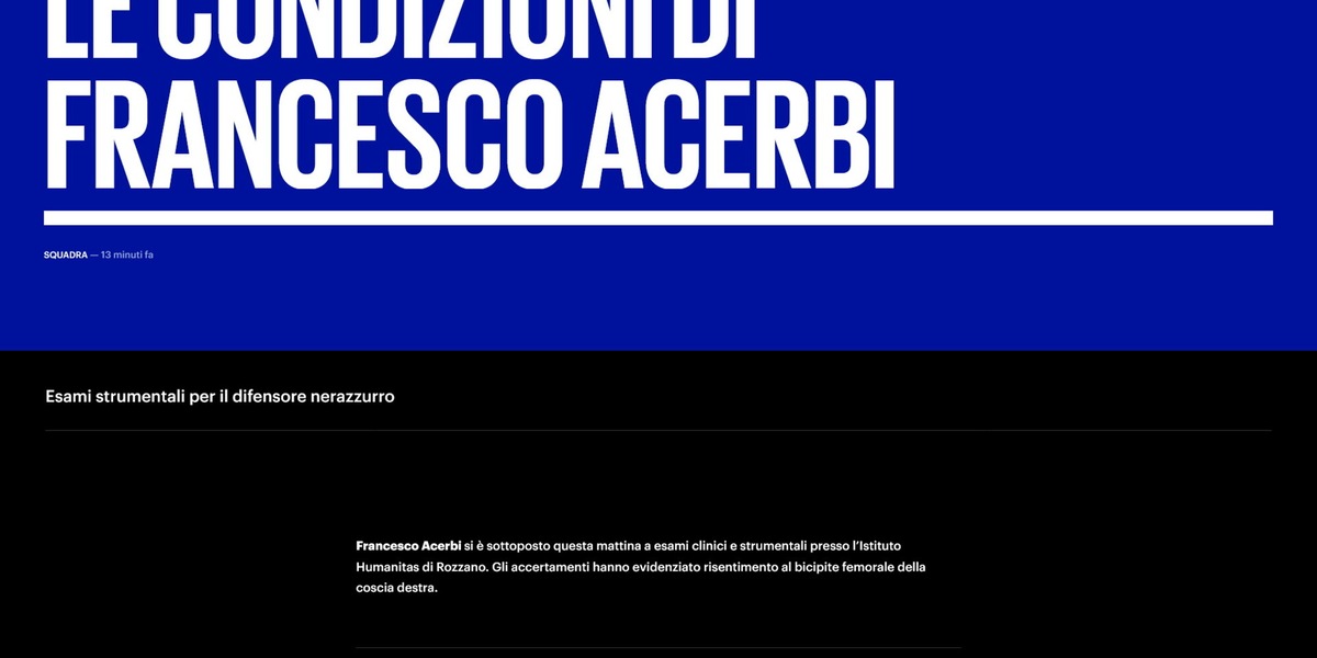 Inter, Acerbi infortunato. Ecco l'esito: "Risentimento al bicipite femorale"