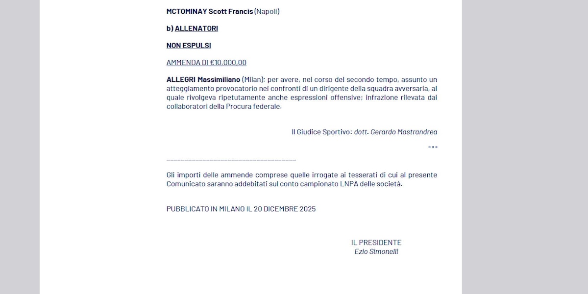 Milan, Allegri multato di 10.000 euro per le offese a Oriali